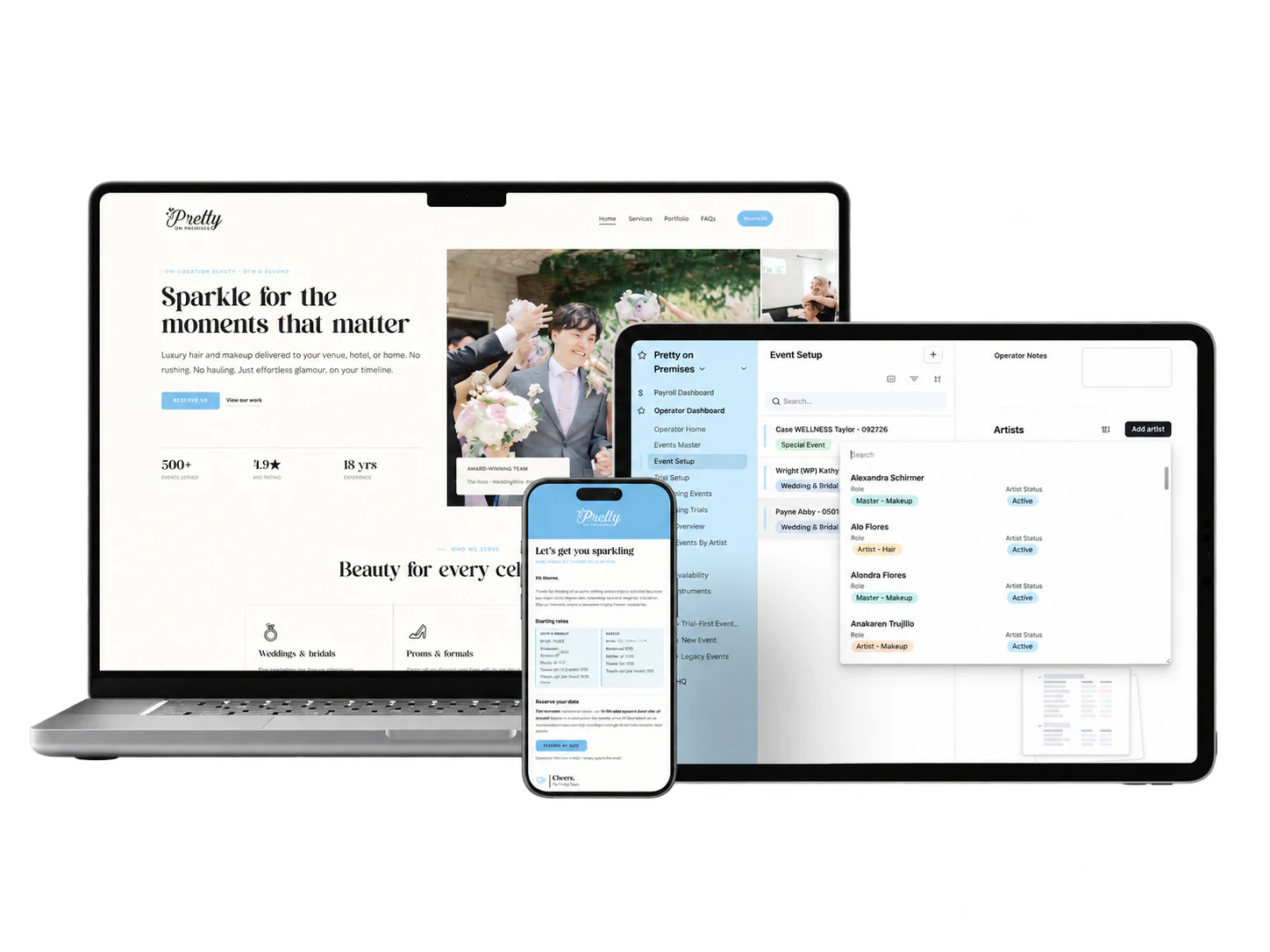 Pretty on Premises website, booking experience, and operations dashboard shown across laptop, phone, and tablet screens