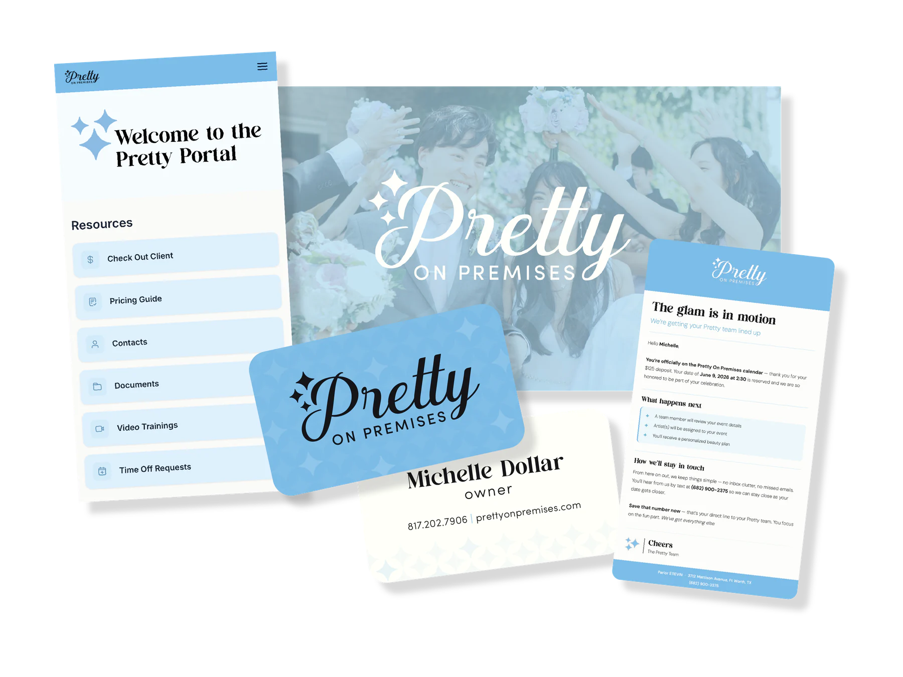 Pretty on Premises brand, website, portal, and client communication designs