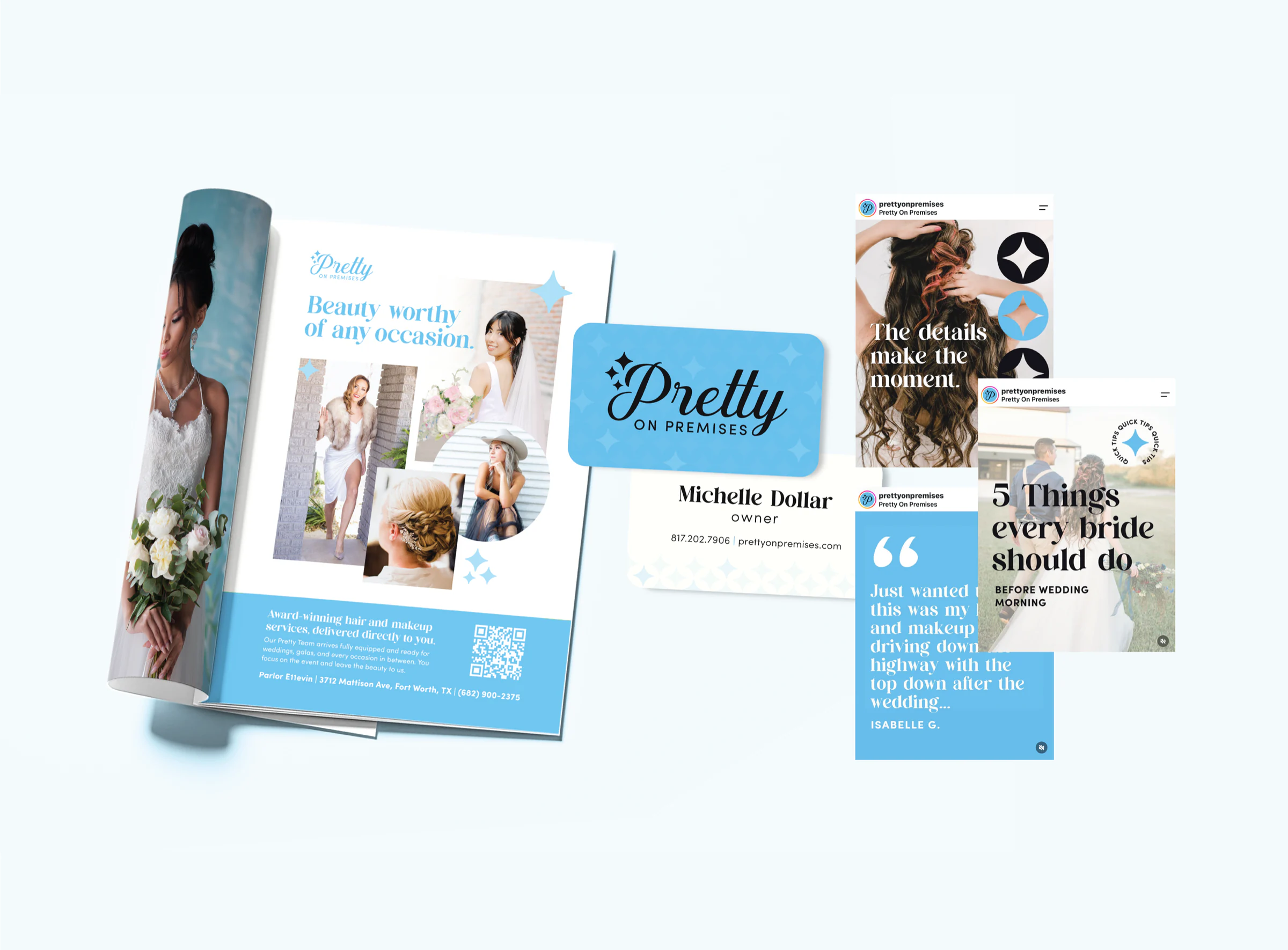 Pretty on Premises print, social media, and business-card marketing collection