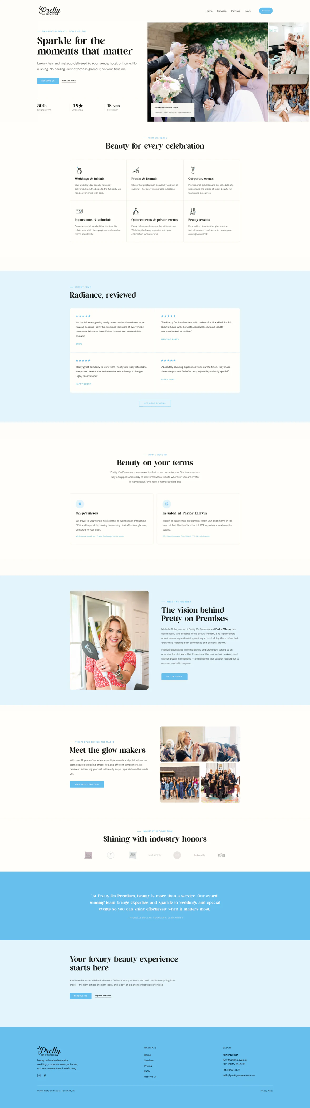 Pretty on Premises website, from the homepage hero through service, founder, team, recognition, and contact sections